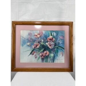 Framed Floral Crewel Embroidery Art Signed Barbara Mock 1985 Pink Tulips Vase